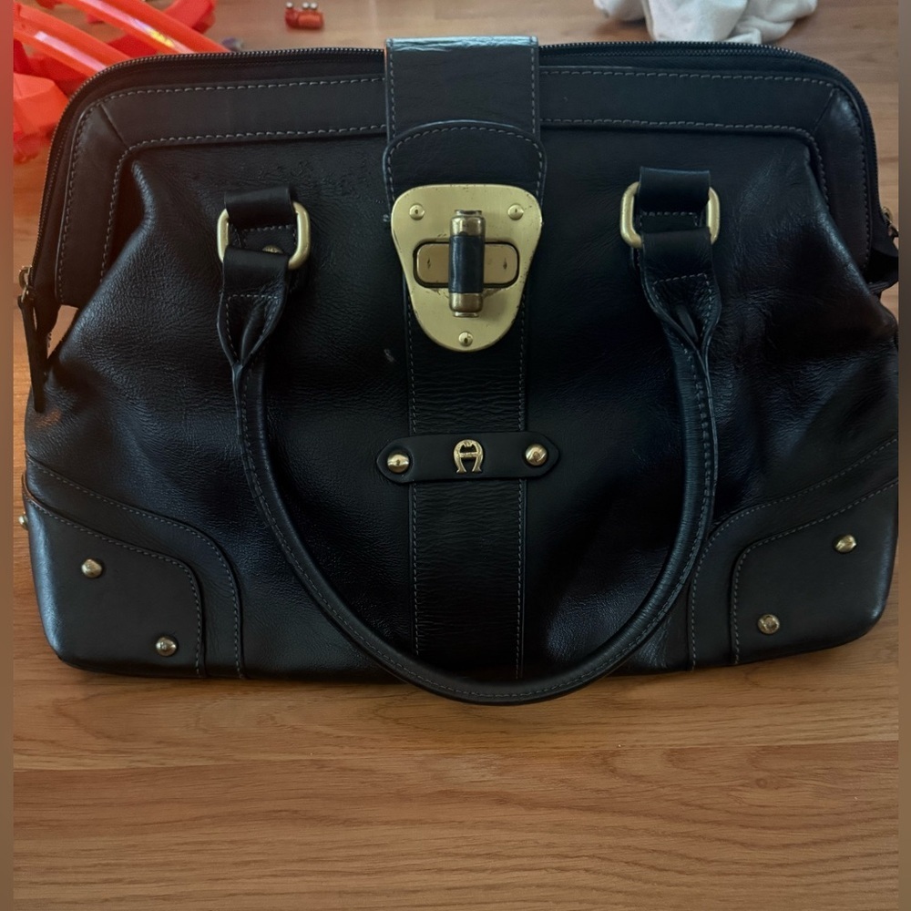 Vintage ETIENNE AIGNER Herringbone Leather Satchel Handbag Doctor Bag 80s 90s
